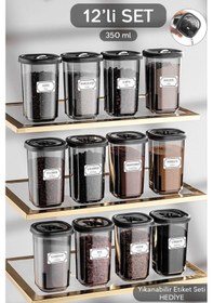 Resim 12'li Etiketli Ve Kilitlenebilir Hava Almaz Kapaklı Baharatlık Seti - Baharatlık Gri Antrasit 