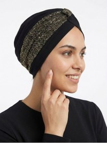 Resim elysianfidan Özel Tasarım Siyah Üzeri Altın Kum Desenli Astarlı Hazır Türban Tesettür Abiye Bone 