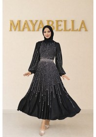 Resim Mayabella İşlemeli Saten Tesettür Abiye Siyah Siyah 