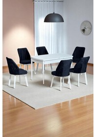 Resim Sera Beyaz 80 X 132 Açılabilen Mdf Masa Beyaz Metal Ayaklı Mutfak Masası 6 Siyah Sandalye Siyah 
