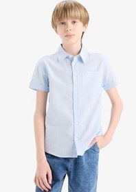 Resim DeFacto Polo Yaka Keten Görünümlü Basic Düz Kısa Kollu Gömlek Erkek Çocuk 