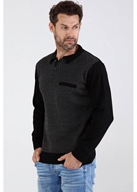 Resim Çizgi Triko Erkek Polo Yaka Çelik Örgü Triko Kazak 4610F Siyah 