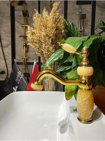 Resim İsaoğlu Yapı Gold Lavabo Bataryası Mermer Tasarımlı Altın Lavabo Musluğu Gold 