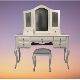 Resim Makyaj Masa Dresuar ve puf 7 Çekmece Kayın aslan ayak Parlak Beyaz Lake Boya yan açıl ayna El Yapım 