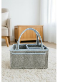 Resim Anne Bebek Kalın Keçe Bakım Çantası Yenidoğan Için Organizer Düzenleyici Çok Amaçlı Gri Mavi Overlok Detay 