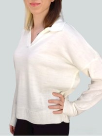 Resim boutique venüs V Polo Yaka Triko Kazak Ekru Renk Standart Beden 