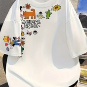 Resim Kadınlar için Eğlenceli Karikatür Yama Baskılı Amerikan Rahat Daralan Bol Kollu Kısa Kollu T-Shirt - Y2K İlhamlı, Yuvarlak Yaka, Yaz Tee 
