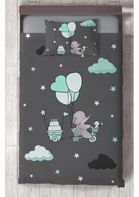 Resim Mekta Home Bebek Ve Çocuk Odası Yeşil Bulutlu Ve Bisikletli Fil Desenli Yatak Örtüsü Renkli 