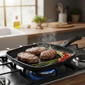 Resim Alüminyum Döküm Kare Izgara Tavası | Granit Kaplama Yapışmaz Yüzeyli | Et, Tavuk ve Sebze Için Ideal Mutfak Izgarası | 29CMX29CM Siyah 