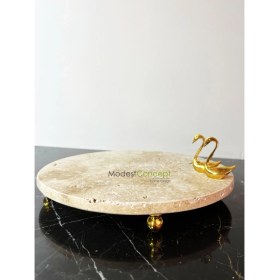 Resim Doğal Traverten Mermer 28 cm Sunumluk, Tepsi ve Kuğu Figürlü Dekoratif Obje 