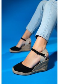 Resim Luvishoes Sinta Siyah Süet Deri Kadın Dolgu Topuk Sandalet Siyah 