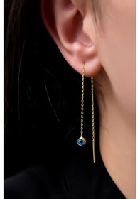 Resim Papatya Silver 925 Ayar Gümüş Gold Kaplama Cam Göz Zincir Küpe 