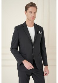 Resim Slim Fit Torba Cep Esnek Spandex Karışımlı Düz Siyah Blazer Ceket C 696 Siyah 
