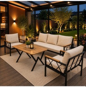 Resim Miray 311 Masalı Balkon Bahçe Oturma Grubu Minderli Metal Bahçe Mobilyası Takımı Bej 