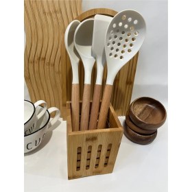 Resim Bambu Saplı Silikon Mutfak Servis Seti, Pişirme ve Servis Takımı, 4 Parça, Beyaz 