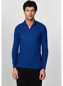 Resim Tudors Slim Fit Dar Kesim Dik Yaka Fermuarlı Desenli Saks Mavi Erkek Triko Kazak-28922 Saks 