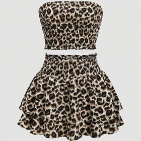 Resim Yeni İlkbahar/Yaz BK040334 Seksi Tatlı Saf Arzu Basit Leopar Baskılı Katmanlı Bodycon Pasta Etekli Midi Elbise 