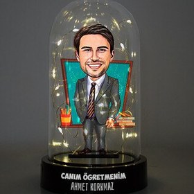 Resim Gri Takım Elbiseli Öğretmen Karikatürlü Fanus Biblo 