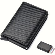 Resim Erkek Anti-Hırsızlık RFID Engelleme Cüzdanı - Siyah Suni Deri İnce Kart Tutucu, 8 Kart Yuvası, Çift Katlama Tasarımı, Vintage Minimalist Tarz, İş ve Günlük Kullanım İçin Mükemmel Hediye, Baba, Eş, veya Arkadaşlar İçin, İş Kartı Tutucu, Şık Görünüm, Dayanıklı Yapı 
