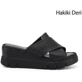 Resim Gönderi(r) Kadın Siyah Dolgu Topuklu Hakiki Deri Terlik 