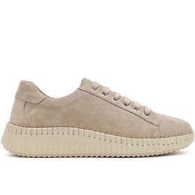 Resim Derimod Kadın Bej Bağcıklı Kalın Tabanlı Süet Deri Sneaker 24WFD501010 
