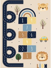 Resim Dijital Baskılı Dekoratif Kaymaz Taban Yıkanabilir Hayvanlı Seksek Temalı Modern Çocuk Halısı Krem 