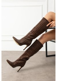 Resim Shoetek Liliana Kadın Çizme İnce Topuklu Kroko Desenli Kahverengi Deri Kahve 