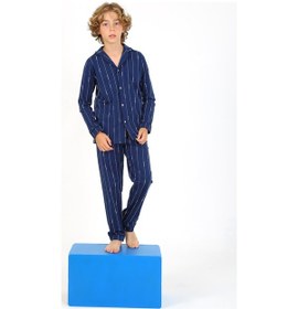 Resim Vitmo Erkek Çocuk Uzun Kollu %100 Pamuklu Düğmeli Pijama Takımı Leo Uzun Mavi 