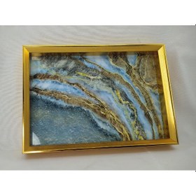 Resim Wosso Açık Mavi Mermer Desenli Altın Sarısı Kenar Ve Kulplu Ahşap Tepsi Büyük Açık Mavi 