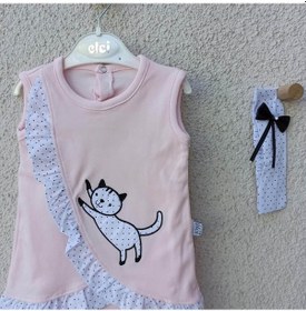 Resim 3-9 Ay Kız Bebek Badi Kedili Fırfırlı Bandanalı Pembe 