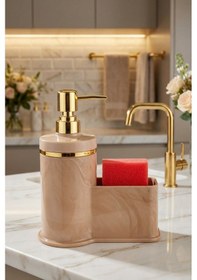 Resim Makri Home Mutfak Veya Banyo İçin Şık Altın Rengi Detaylı Süngerlikli Sıvı Sabunluk , Yerli Üretim Pembe 