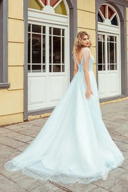 Resim Pearly M Yaka İpek Güpür A Kesim Gelinlik - Aqua Blue / 42 