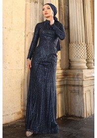 Resim Raika Moda Gala Parıltılı Şık Tesettür Abiye Lacivert 