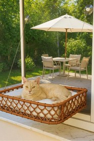 Resim Tasaryum El Örgüsü Kedi ve Köpek Vantuzlu Cam Yatağı, İskandinav Kedi Hamağı Puf Minderli Kahverengi 