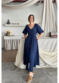 Resim Defymoda V Yaka Bel Boncuk Bağlamalı Müslin Elbise Yırtmaç Detaylı - Lacivert Lacivert 