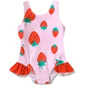 Resim Kızlar için sevimli çilek desenli tankini mayo, yuvarlak yaka volan detay, polyester ve spandex, orta esneklik, tüm mevsimler için elyaf, çocuklar için skinny fit 