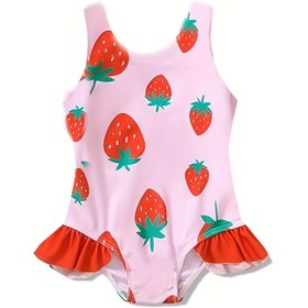 Resim Kızlar için sevimli çilek desenli tankini mayo, yuvarlak yaka volan detay, polyester ve spandex, orta esneklik, tüm mevsimler için elyaf, çocuklar için skinny fit 