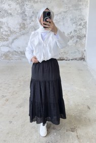 Resim Rahat Kesim Beli Lastikli Kat Kat Uzun Etek 5213 - Siyah - Siyah / L-XL 