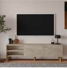 Resim İnarch Dizayn River 150 Cm Modern Tv Sehpası Kapaklı Ve Raflı Tasarım Traverten 