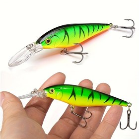 Resim 1 Adet Premium Yüzen Minnow Balıkçılık Yemi - Gerçekçi Yeşil & Sarı Çizgili Sert Yem, Keskin Üçlü Kanca ile Levrek, Turna Balığı ve Daha Fazlası için - Dayanıklı ABS Malzeme, Gerçekçi Tasarım, Tatlısu Balıkçılığı için Mükemmel, Balıkçılık Yemi 