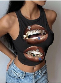 Resim Afri Kadın Siyah Baskılı Crop Atlet Diş Grillz Desenli, Sokak Modası Tarzı Siyah 