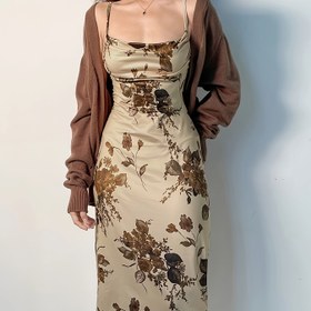 Resim Çiçek Desenli Elbise, Seksi Spagetti Askılı Bodycon Elbise, Bayan Giyim 