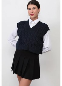 Resim Giysa Kadın Lacivert V Yaka Saç Örgü Desenli Crop Triko Süveter - 4007 Lacivert 
