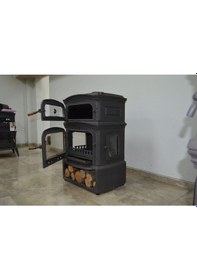 Resim A. Premium Ykst 3 Camlı Yan Kapaklı Odunluklu Kuzineli Döküm Soba 