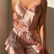 Resim Kadınlar için 2 adet V-Yaka Pijama Takımı, Seksi Düz Renkli Polyester Uyku Giyimi, Volan Detaylı, Tüm Mevsimler için Dokuma Rahat Giyim 