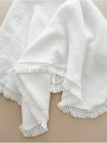 Resim Jaju Baby 4 Katlı Beyaz Püsküllü Müslin Örtü 100x125 cm Müslin Battaniye Çok Amaçlı Battaniye 