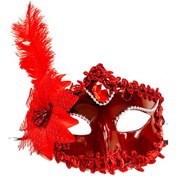 Resim Kırmızı Güllü ve Tüylü Venedik Maskesi 
