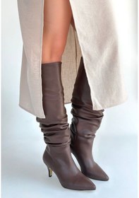 Resim Kadın Kahverengi Körüklü Kısa İnce Topuklu Çizme - Zelya Çok Renkli 