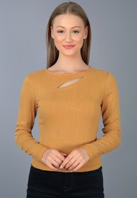 Resim Kallisto Hardal Renk Uzun Kollu Pencere Detaylı Bisiklet Yaka Bluz 