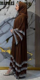 Resim Swarovski Taşlarla Süslenmiş Kahverengi Üç Katlı Abaya - Lüks Şifon Model TM22 JS BROWN - XL / Kahverengi 
